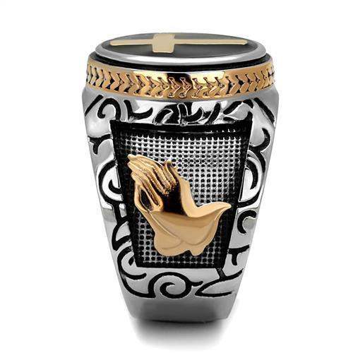 TK2623 - Two-Tone IP Rose Gold Stainless Steel Ring with Epoxy in Jet - Alamode - Flyclothing LLC