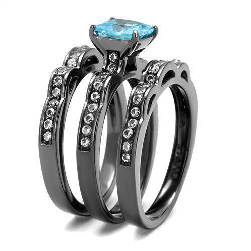 TK2748 - IP Light Black (IP Gun) Stainless Steel Ring with AAA Grade CZ in Sea Blue - Alamode - Flyclothing LLC