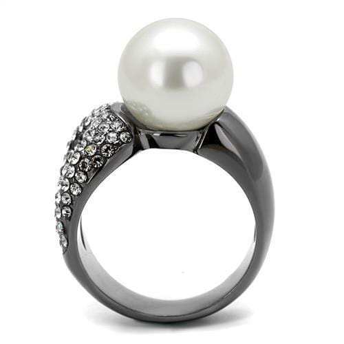 TK2800 - IP Light Black (IP Gun) Stainless Steel Ring with Synthetic Pearl in White - Alamode - Flyclothing LLC