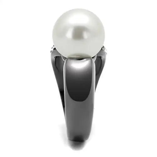 TK2800 - IP Light Black (IP Gun) Stainless Steel Ring with Synthetic Pearl in White - Alamode - Flyclothing LLC