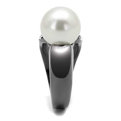 TK2800 - IP Light Black (IP Gun) Stainless Steel Ring with Synthetic Pearl in White - Alamode - Flyclothing LLC