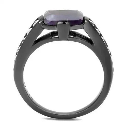 TK2832 - IP Light Black (IP Gun) Stainless Steel Ring with Precious Stone Amethyst Crystal in Amethyst - Alamode - Flyclothing LLC