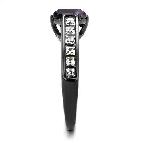 TK2832 - IP Light Black (IP Gun) Stainless Steel Ring with Precious Stone Amethyst Crystal in Amethyst - Alamode - Flyclothing LLC