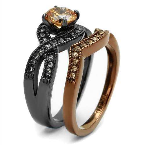 TK2957 - IP Light Black & IP Light coffee Stainless Steel Ring with AAA Grade CZ in Champagne - Alamode - Flyclothing LLC