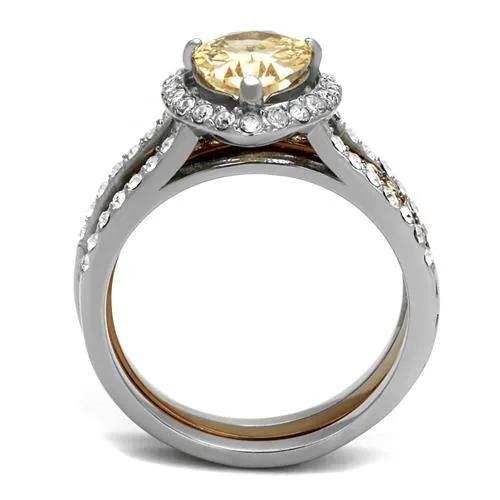 TK2961 - Two Tone IP Light Brown (IP Light coffee) Stainless Steel Ring with AAA Grade CZ in Champagne - Alamode - Flyclothing LLC