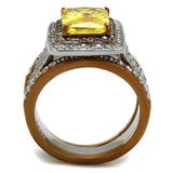 TK2962 - Two Tone IP Light Brown (IP Light coffee) Stainless Steel Ring with AAA Grade CZ  in Topaz - Alamode