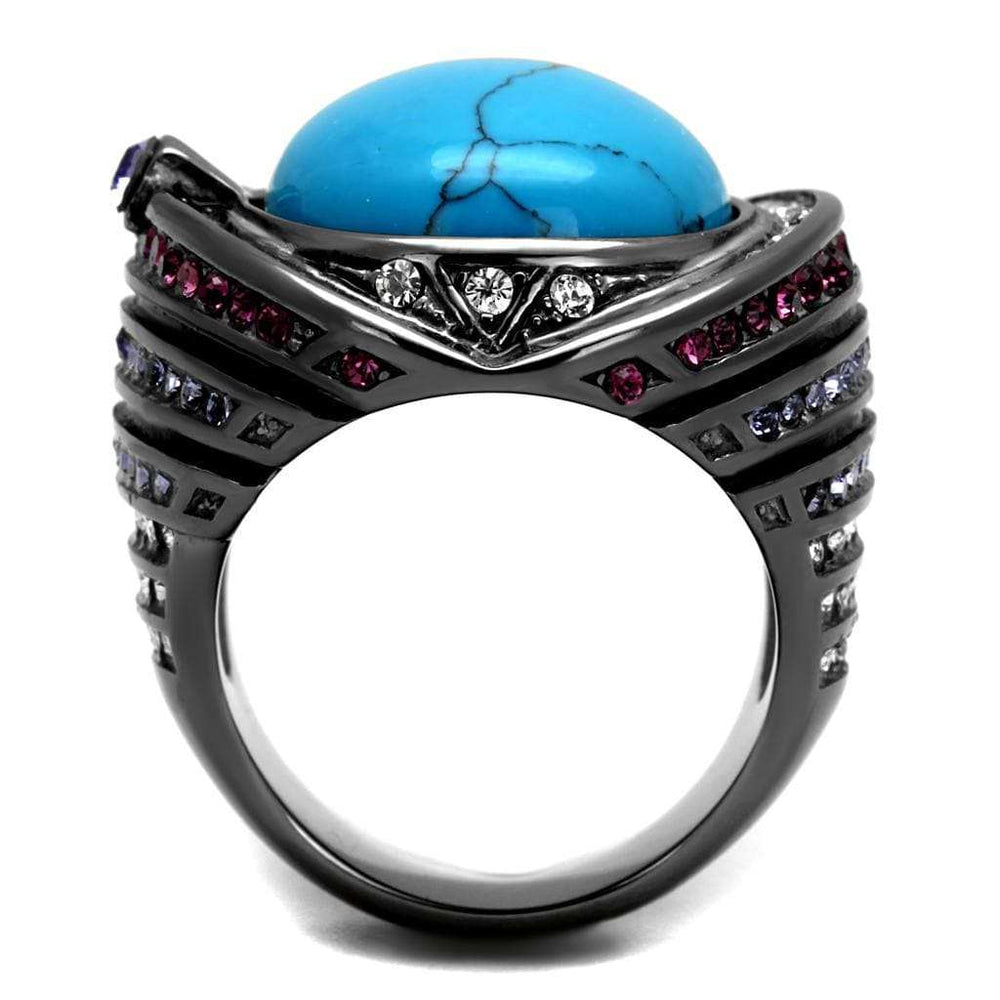 TK2983 - IP Light Black (IP Gun) Stainless Steel Ring with Synthetic Turquoise in Sea Blue - Alamode - Flyclothing LLC