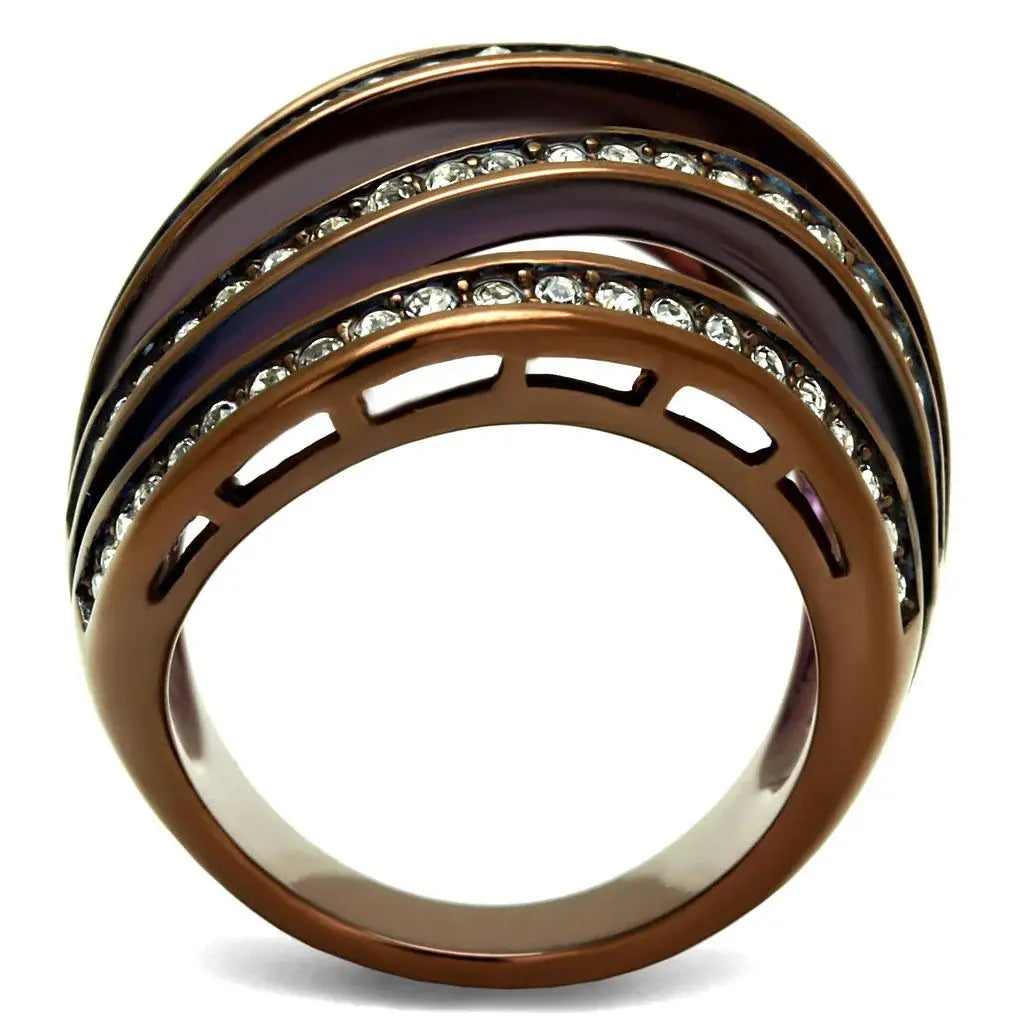 TK2985 - IP Coffee light Stainless Steel Ring with Top Grade Crystal in Clear - Alamode - Flyclothing LLC