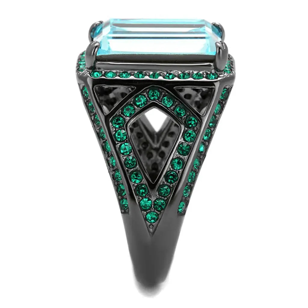 TK2988 - IP Light Black (IP Gun) Stainless Steel Ring with Top Grade Crystal in Sea Blue - Alamode - Flyclothing LLC