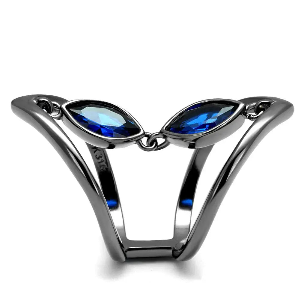TK2990 - IP Light Black (IP Gun) Stainless Steel Ring with Synthetic Spinel in London Blue - Alamode - Flyclothing LLC