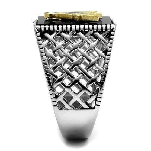 TK3018 - Two-Tone IP Gold (Ion Plating) Stainless Steel Ring with Semi-Precious Agate in Jet - Alamode - Flyclothing LLC