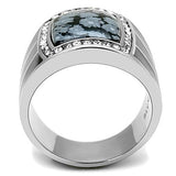 TK3042 - High polished (no plating) Stainless Steel Ring with Semi-Precious Snowflake Obsidian in Jet - Alamode