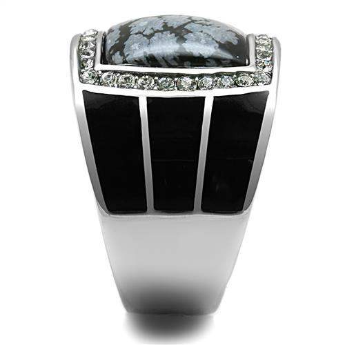 TK3042 - High polished (no plating) Stainless Steel Ring with Semi-Precious Snowflake Obsidian in Jet - Alamode - Flyclothing LLC