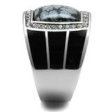 TK3042 - High polished (no plating) Stainless Steel Ring with Semi-Precious Snowflake Obsidian in Jet - Alamode