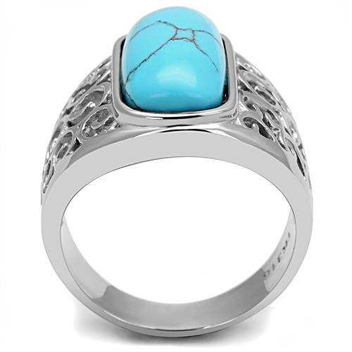 TK3043 - High polished (no plating) Stainless Steel Ring with Synthetic Turquoise in Sea Blue - Alamode - Flyclothing LLC