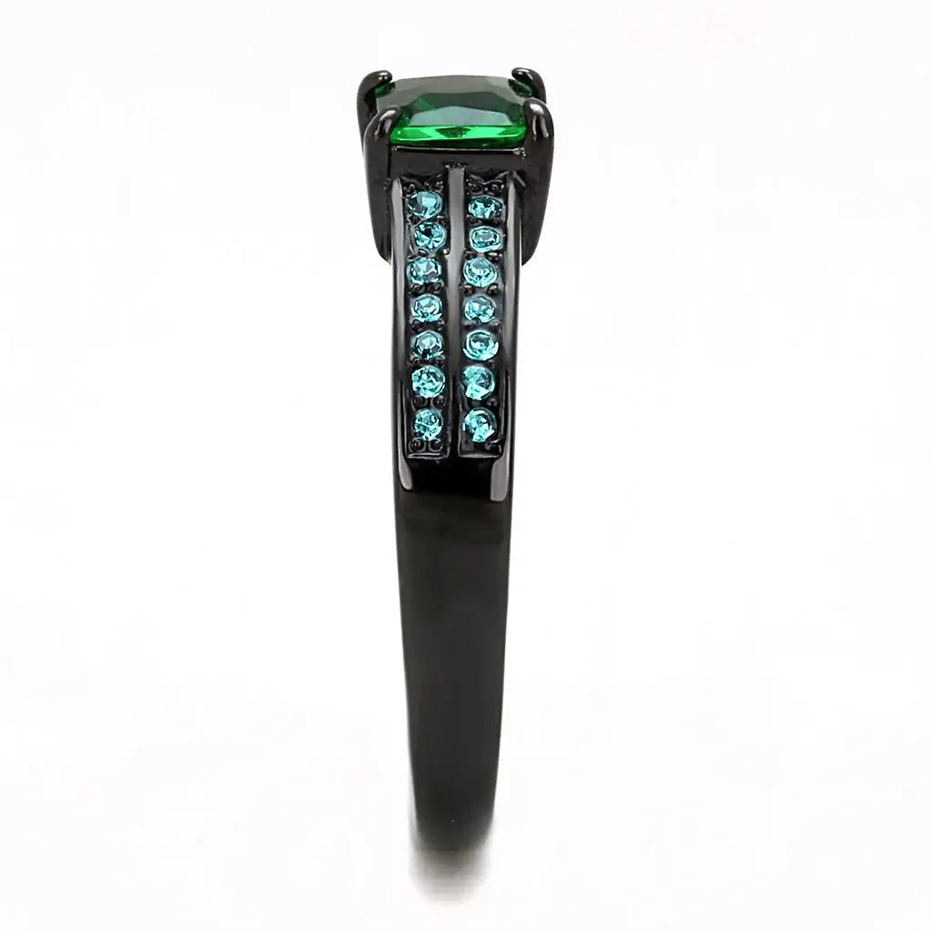 TK3064 - IP Black(Ion Plating) Stainless Steel Ring with Synthetic Synthetic Glass in Emerald - Alamode - Flyclothing LLC