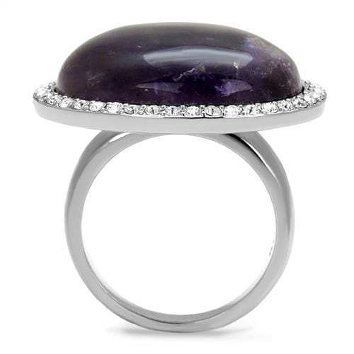 TK3083 - High polished (no plating) Stainless Steel Ring with Semi-Precious Amethyst Crystal in Amethyst - Alamode - Flyclothing LLC