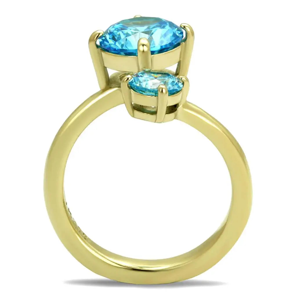 TK3092 - IP Gold(Ion Plating) Stainless Steel Ring with AAA Grade CZ in Sea Blue - Alamode - Flyclothing LLC