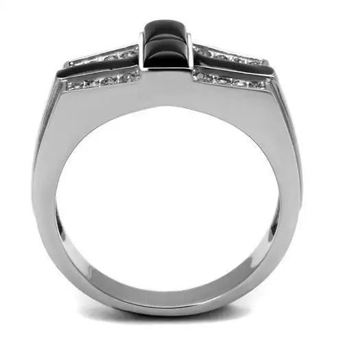 TK3117 - High polished (no plating) Stainless Steel Ring with Semi-Precious Agate in Jet - Alamode - Flyclothing LLC