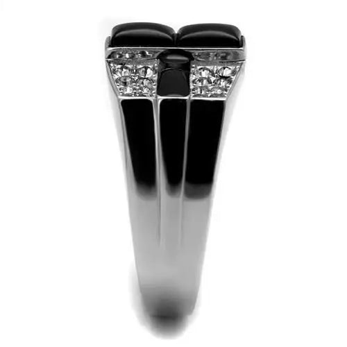 TK3117 - High polished (no plating) Stainless Steel Ring with Semi-Precious Agate in Jet - Alamode - Flyclothing LLC