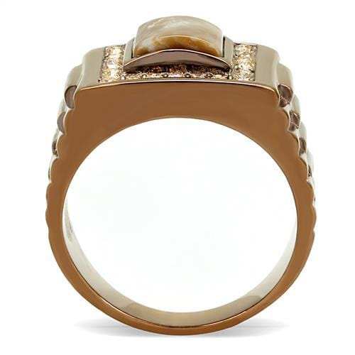 TK3190 - IP Coffee light Stainless Steel Ring with Semi-Precious Rain Flower Stone in Brown - Alamode - Flyclothing LLC