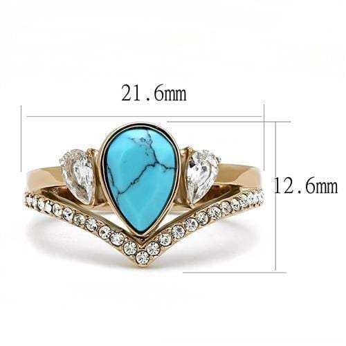 TK3200 - IP Rose Gold(Ion Plating) Stainless Steel Ring with Synthetic Turquoise in Sea Blue - Alamode - Flyclothing LLC