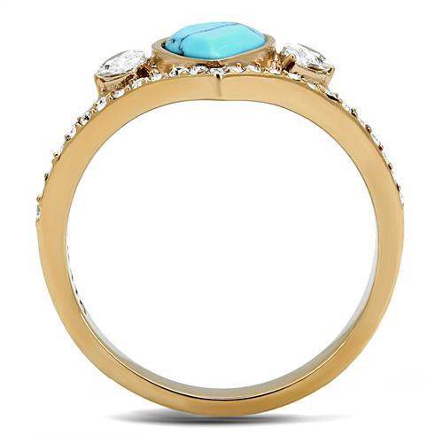 TK3200 - IP Rose Gold(Ion Plating) Stainless Steel Ring with Synthetic Turquoise in Sea Blue - Alamode - Flyclothing LLC