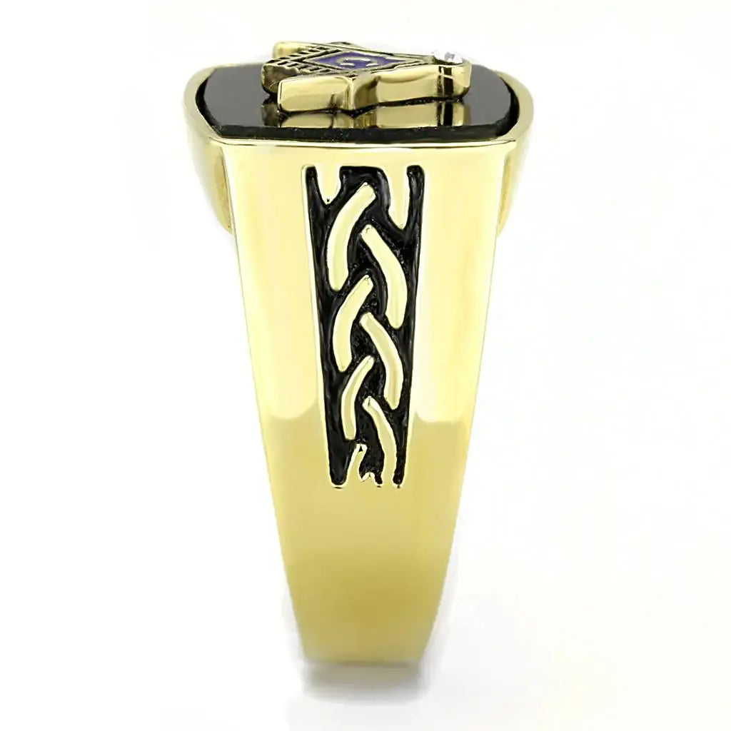 TK3223 - IP Gold(Ion Plating) Stainless Steel Ring with Synthetic Onyx in Jet - Alamode - Flyclothing LLC