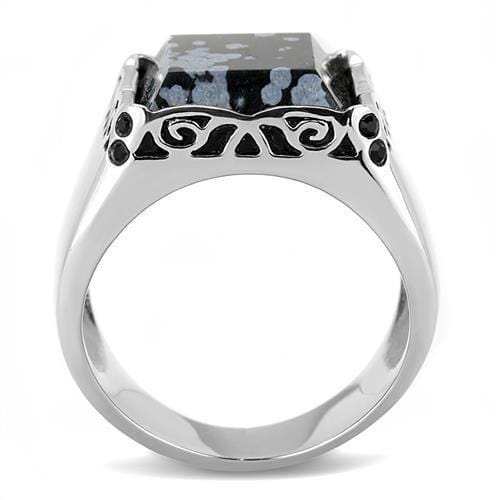 TK3230 - High polished (no plating) Stainless Steel Ring with Semi-Precious Snowflake Obsidian in Jet - Alamode - Flyclothing LLC