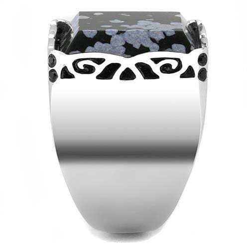 TK3230 - High polished (no plating) Stainless Steel Ring with Semi-Precious Snowflake Obsidian in Jet - Alamode - Flyclothing LLC
