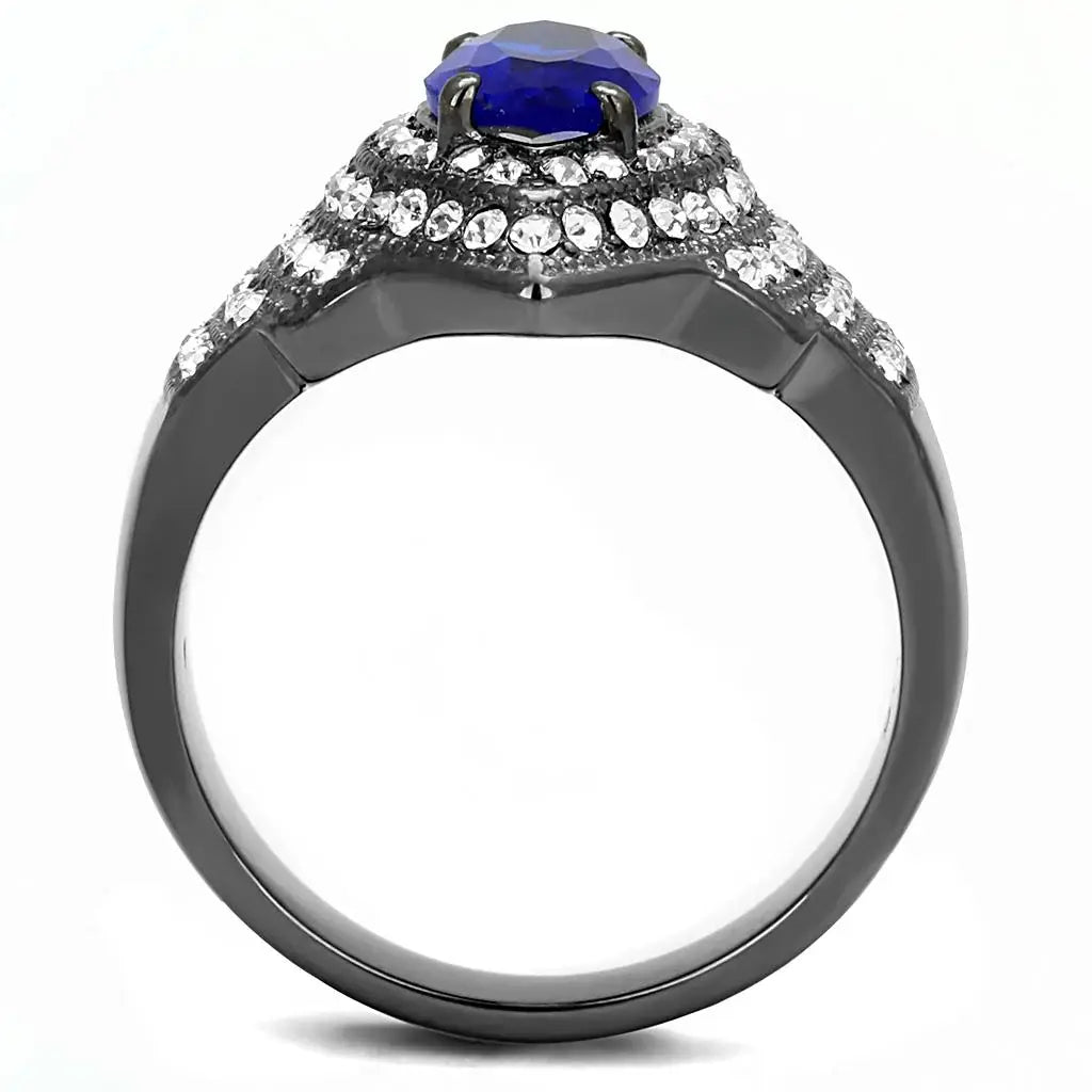 TK3258 - IP Light Black (IP Gun) Stainless Steel Ring with Synthetic Synthetic Glass in Sapphire - Alamode - Flyclothing LLC
