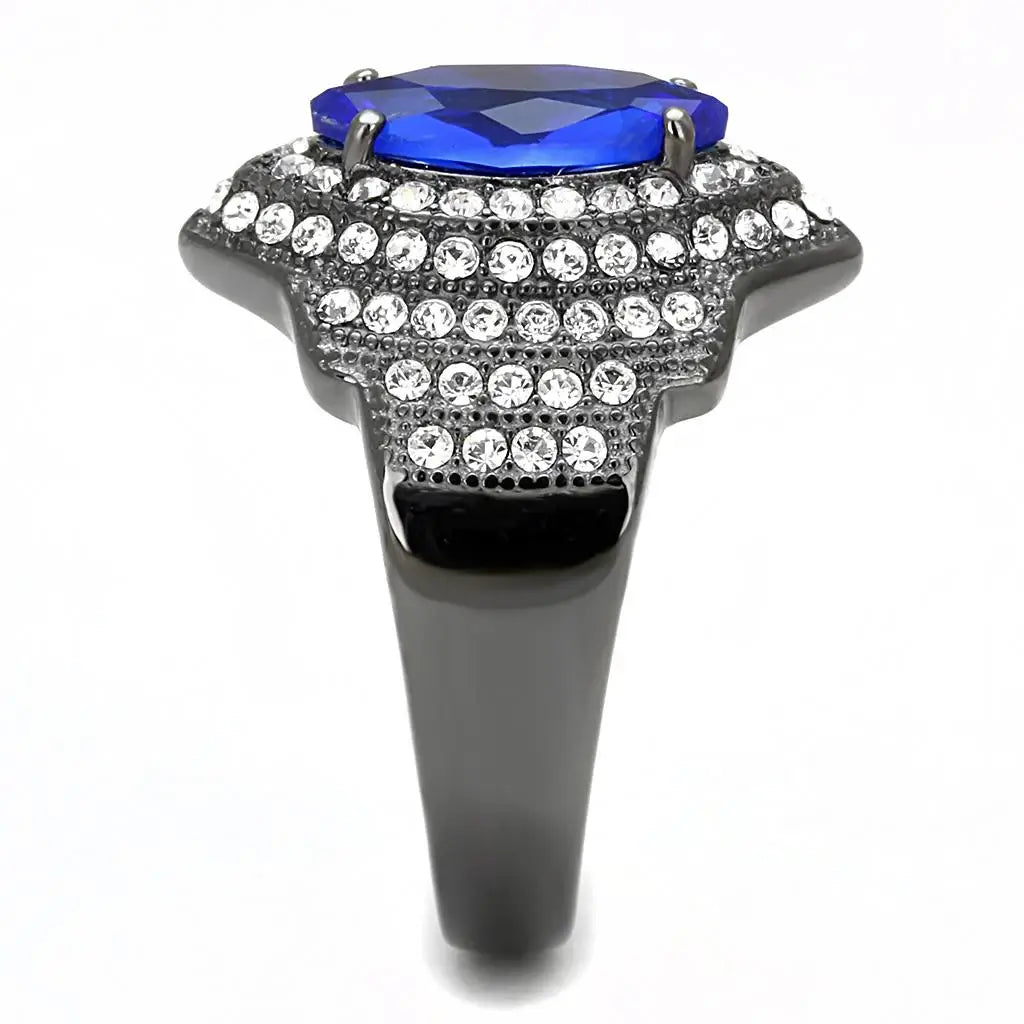 TK3258 - IP Light Black (IP Gun) Stainless Steel Ring with Synthetic Synthetic Glass in Sapphire - Alamode - Flyclothing LLC