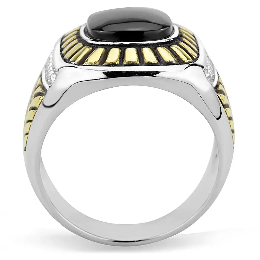 TK3294 - Two-Tone IP Gold (Ion Plating) Stainless Steel Ring with Synthetic Onyx in Jet - Alamode - Flyclothing LLC