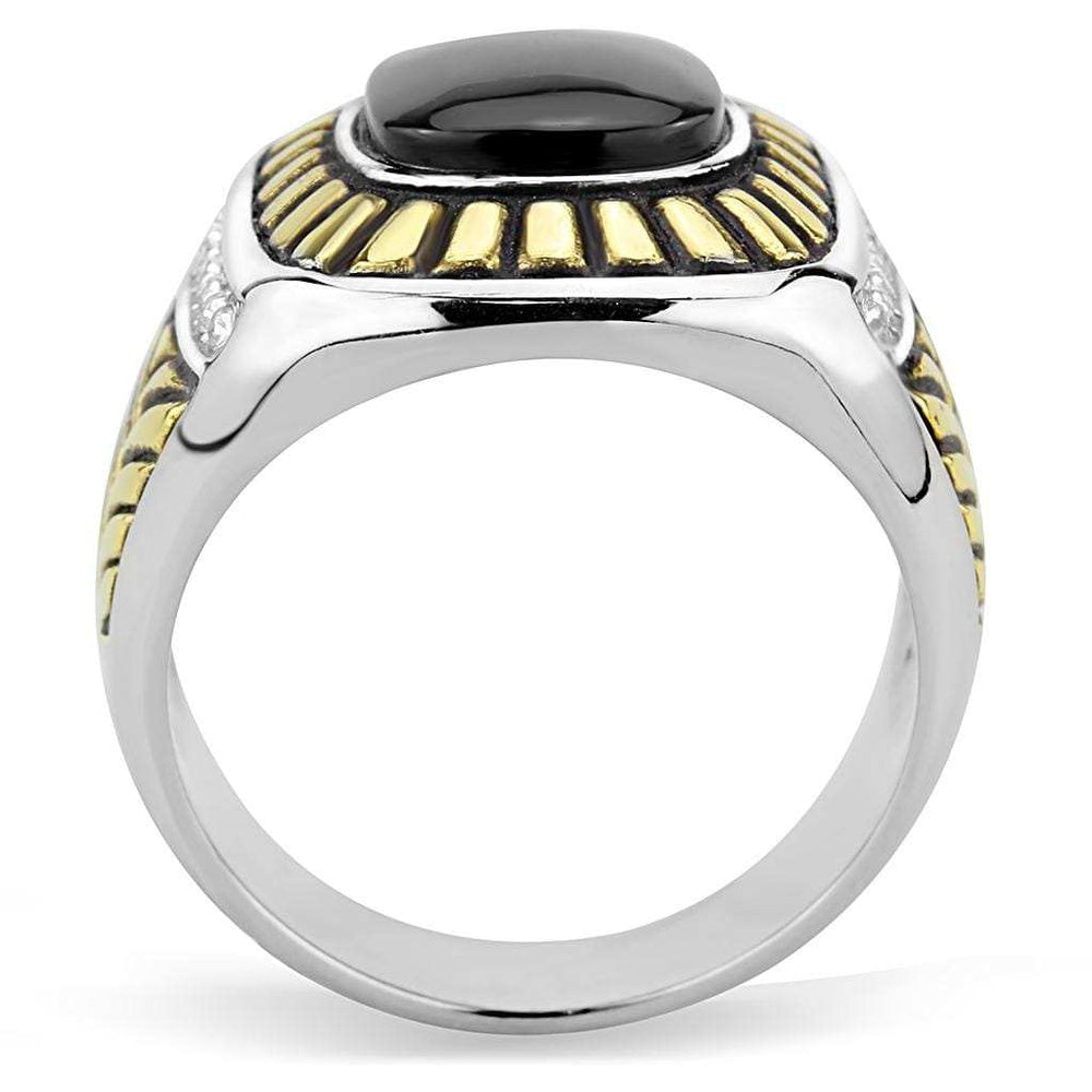 TK3294 - Two-Tone IP Gold (Ion Plating) Stainless Steel Ring with Synthetic Onyx in Jet - Alamode - Flyclothing LLC