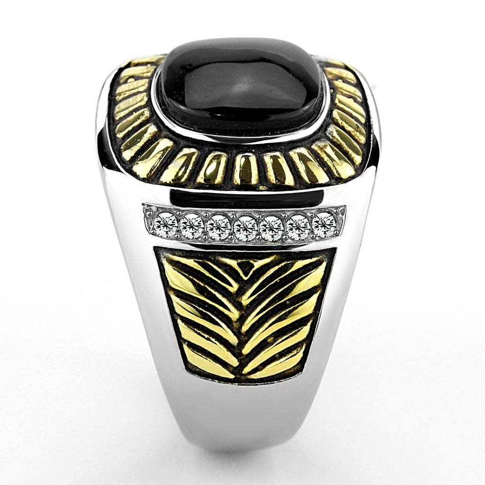 TK3294 - Two-Tone IP Gold (Ion Plating) Stainless Steel Ring with Synthetic Onyx in Jet - Alamode - Flyclothing LLC