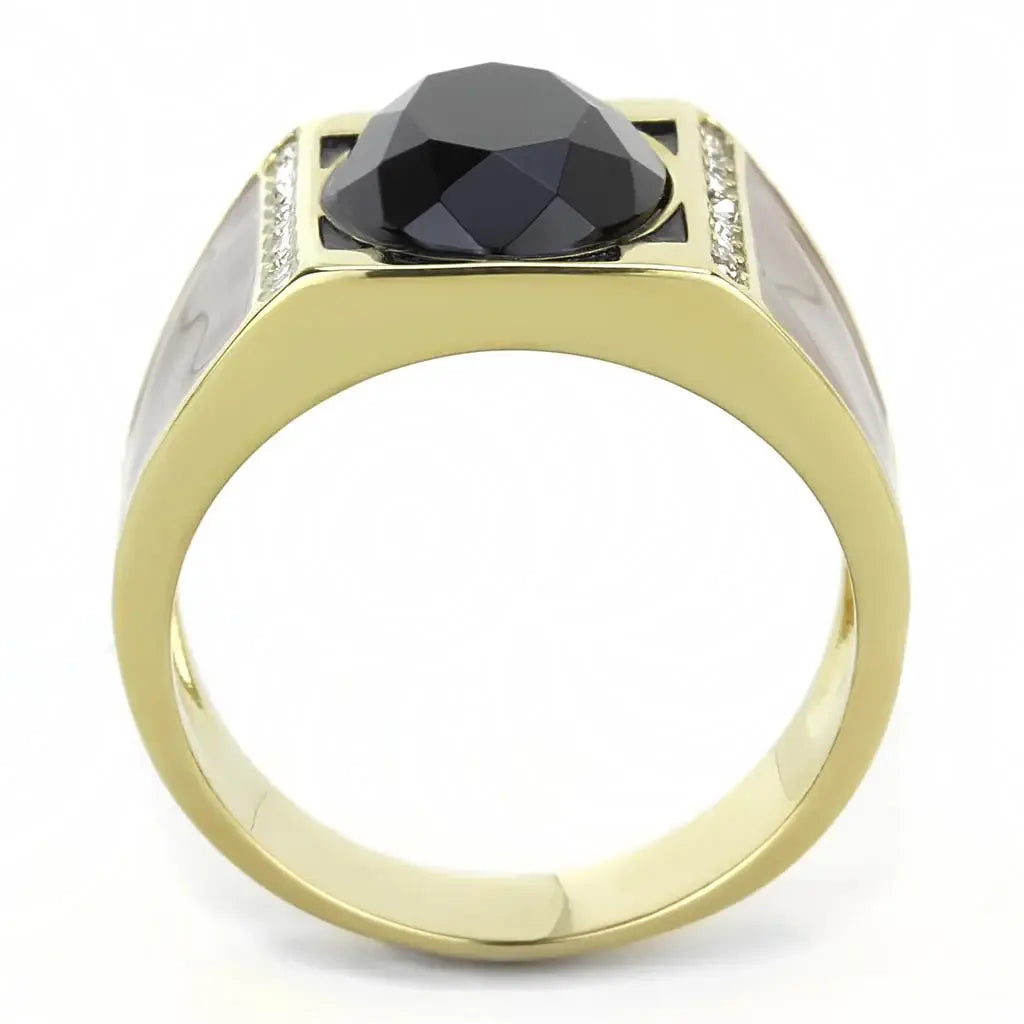 TK3465 - IP Gold(Ion Plating) Stainless Steel Ring with Synthetic Onyx in Jet - Alamode - Flyclothing LLC