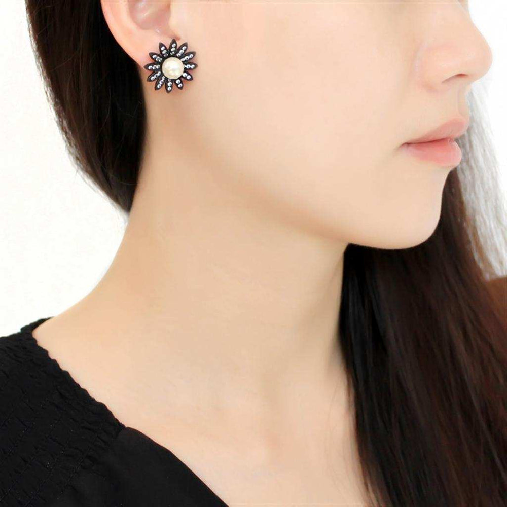 TK3484 - IP Black(Ion Plating) Stainless Steel Earrings with Synthetic Pearl in White - Alamode - Flyclothing LLC