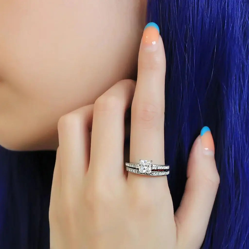TK3510 - High polished (no plating) Stainless Steel Ring with AAA Grade CZ in Clear - Alamode - Flyclothing LLC
