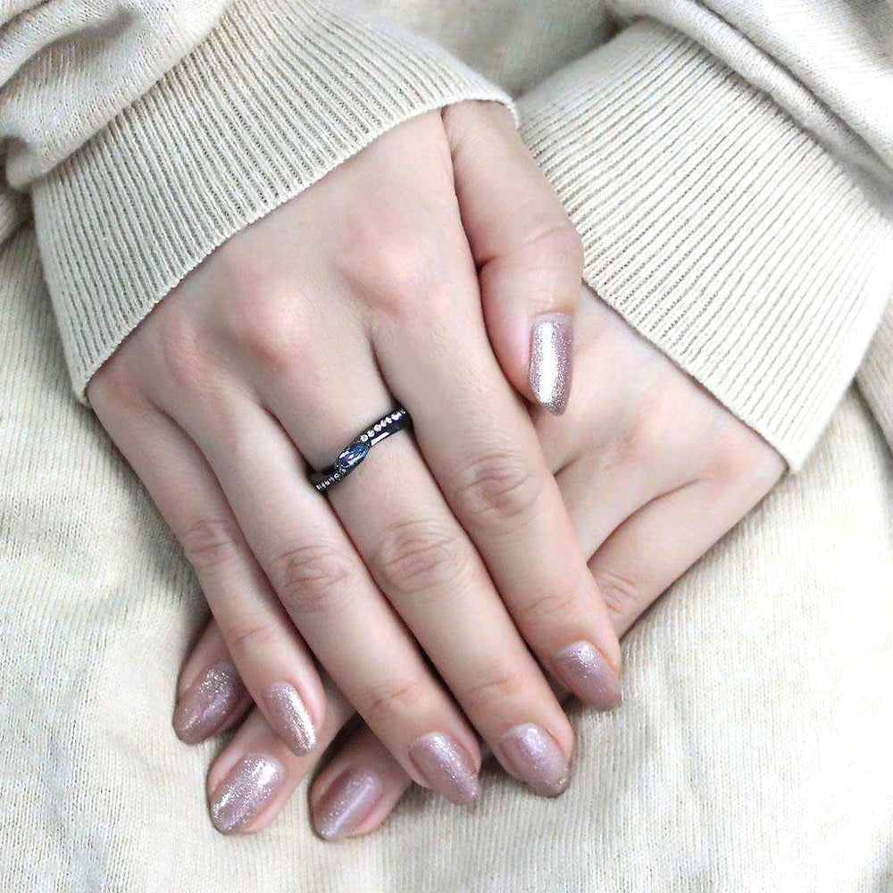 TK3511 - IP Light Black (IP Gun) Stainless Steel Ring with AAA Grade CZ in Sea Blue - Alamode - Flyclothing LLC