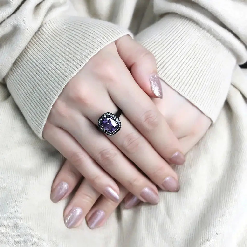 TK3512 - IP Black(Ion Plating) Stainless Steel Ring with AAA Grade CZ in Amethyst - Alamode - Flyclothing LLC