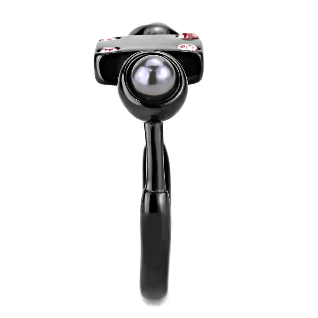 TK3513 - IP Light Black (IP Gun) Stainless Steel Ring with Synthetic Pearl in Gray - Alamode - Flyclothing LLC