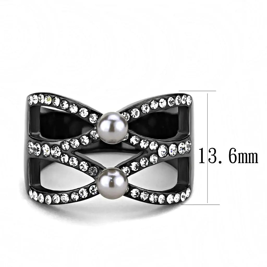 TK3515 - IP Light Black (IP Gun) Stainless Steel Ring with Synthetic Pearl in Gray - Alamode - Flyclothing LLC