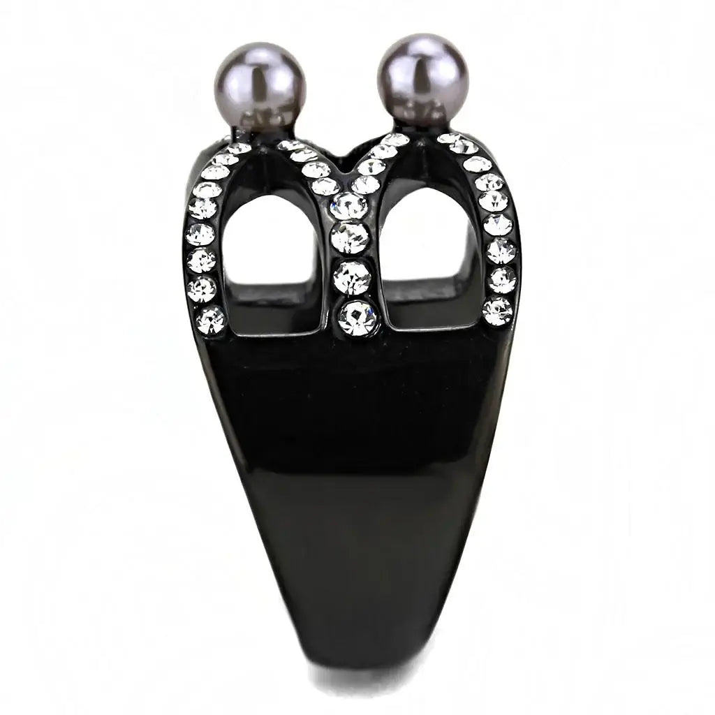 TK3515 - IP Light Black (IP Gun) Stainless Steel Ring with Synthetic Pearl in Gray - Alamode - Flyclothing LLC