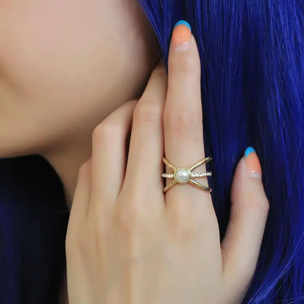 TK3522 - IP Gold(Ion Plating) Stainless Steel Ring with Synthetic Pearl in White - Alamode - Flyclothing LLC