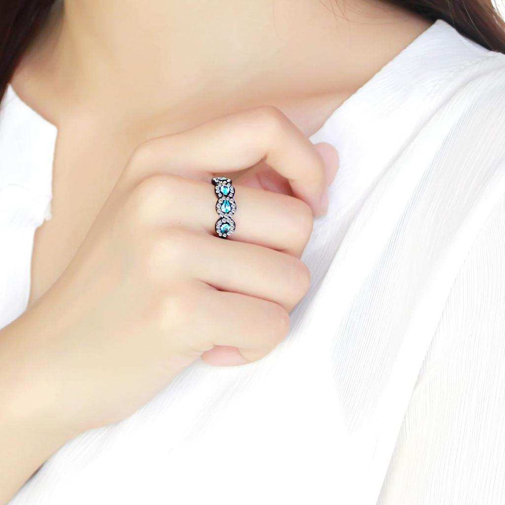 TK3559 - IP Black(Ion Plating) Stainless Steel Ring with AAA Grade CZ in Sea Blue - Alamode - Flyclothing LLC