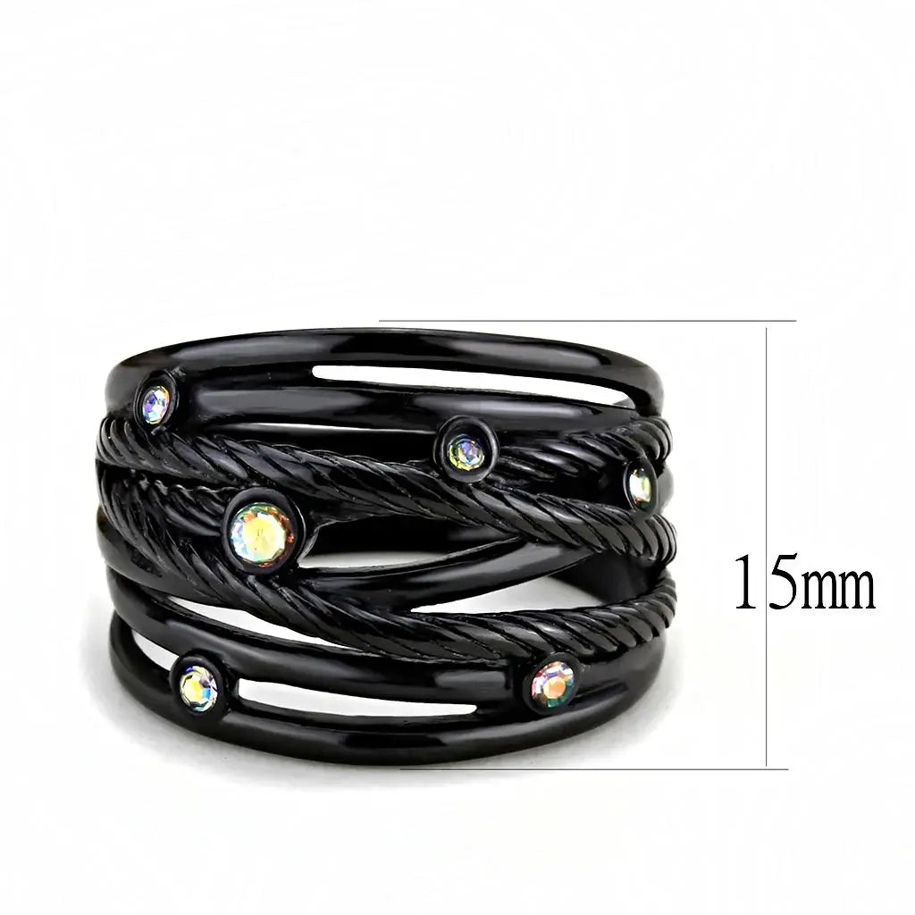 TK3566 - IP Black(Ion Plating) Stainless Steel Ring with Top Grade Crystal in Aurora Borealis (Rainbow Effect) - Alamode - Flyclothing LLC