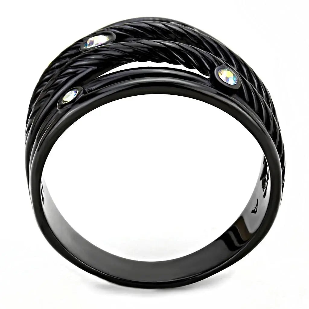TK3566 - IP Black(Ion Plating) Stainless Steel Ring with Top Grade Crystal in Aurora Borealis (Rainbow Effect) - Alamode - Flyclothing LLC