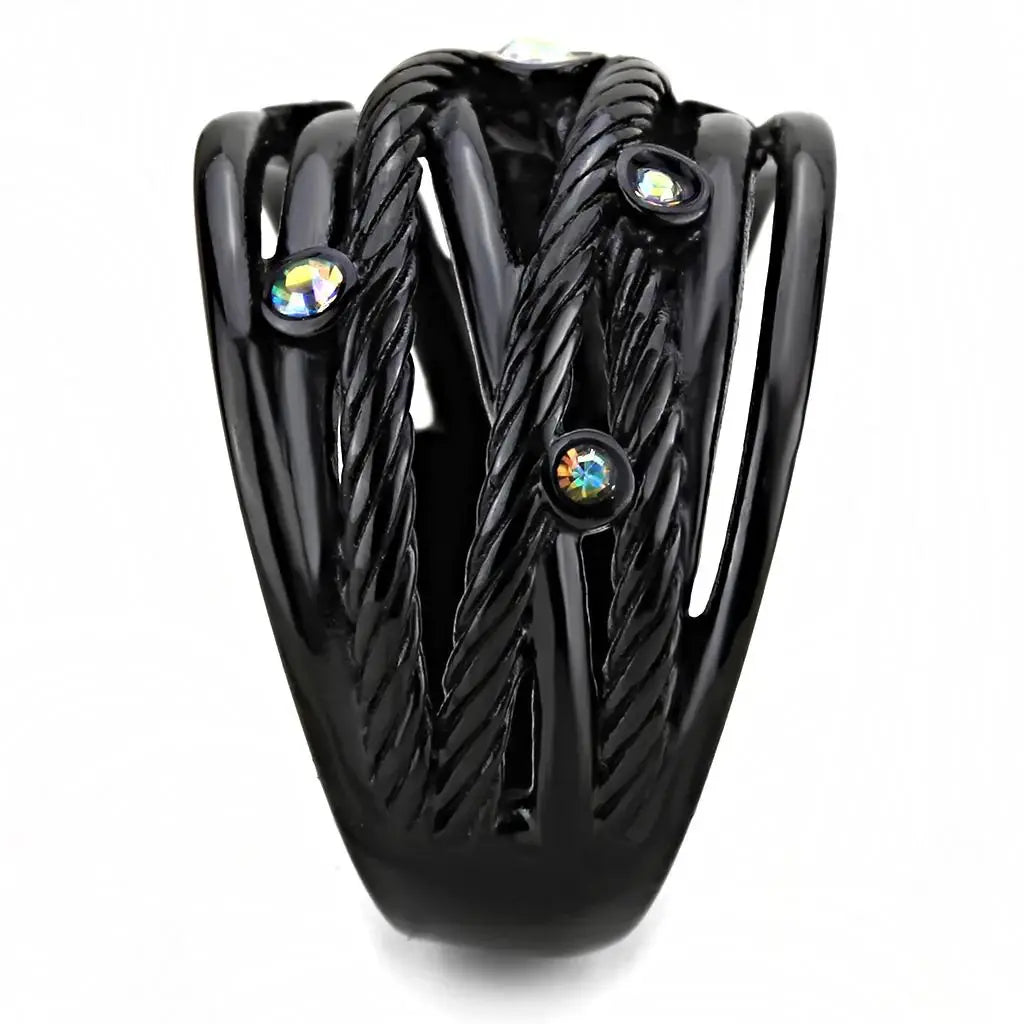 TK3566 - IP Black(Ion Plating) Stainless Steel Ring with Top Grade Crystal in Aurora Borealis (Rainbow Effect) - Alamode - Flyclothing LLC