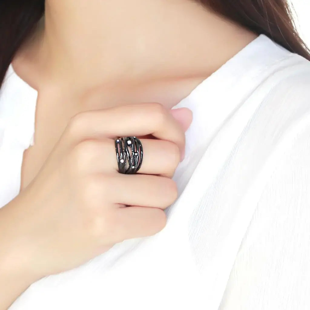 TK3566 - IP Black(Ion Plating) Stainless Steel Ring with Top Grade Crystal in Aurora Borealis (Rainbow Effect) - Alamode - Flyclothing LLC