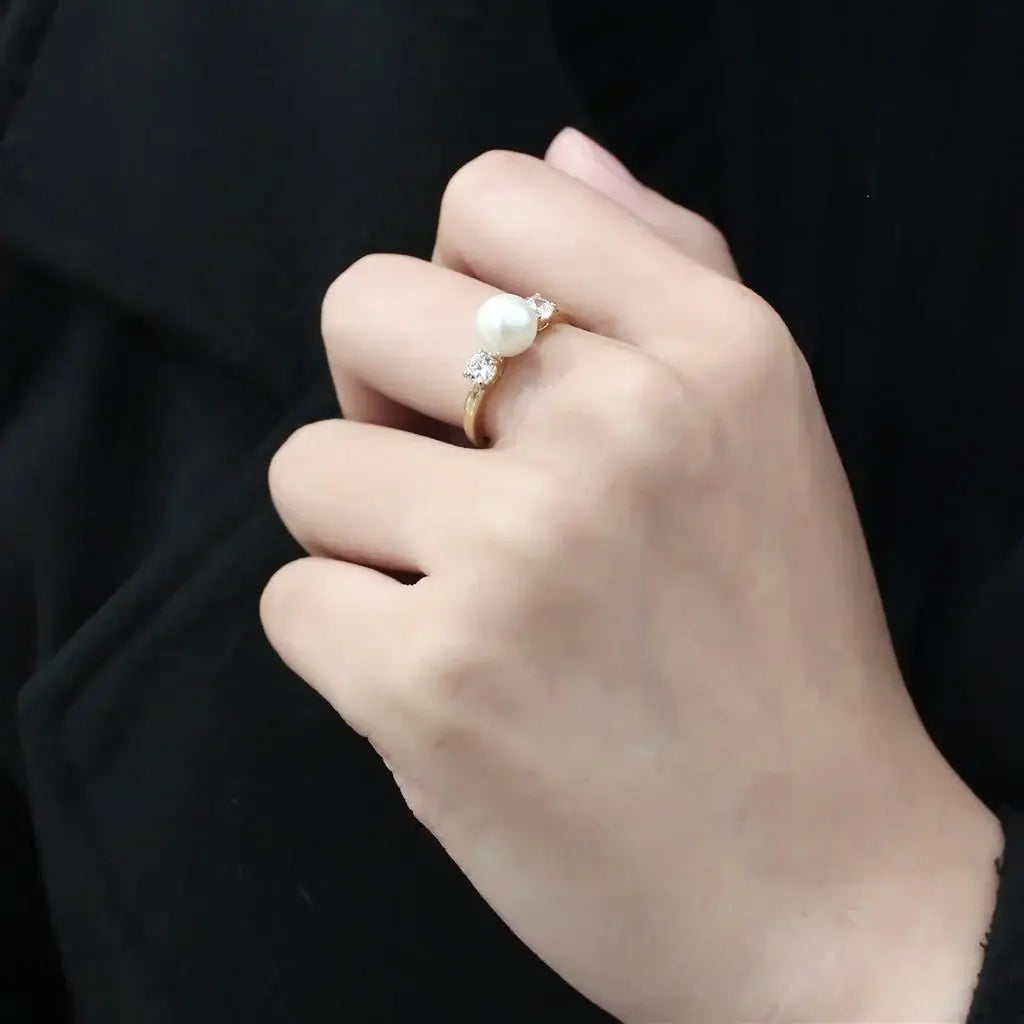 TK3567 - IP Gold(Ion Plating) Stainless Steel Ring with Synthetic Pearl in White - Alamode - Flyclothing LLC